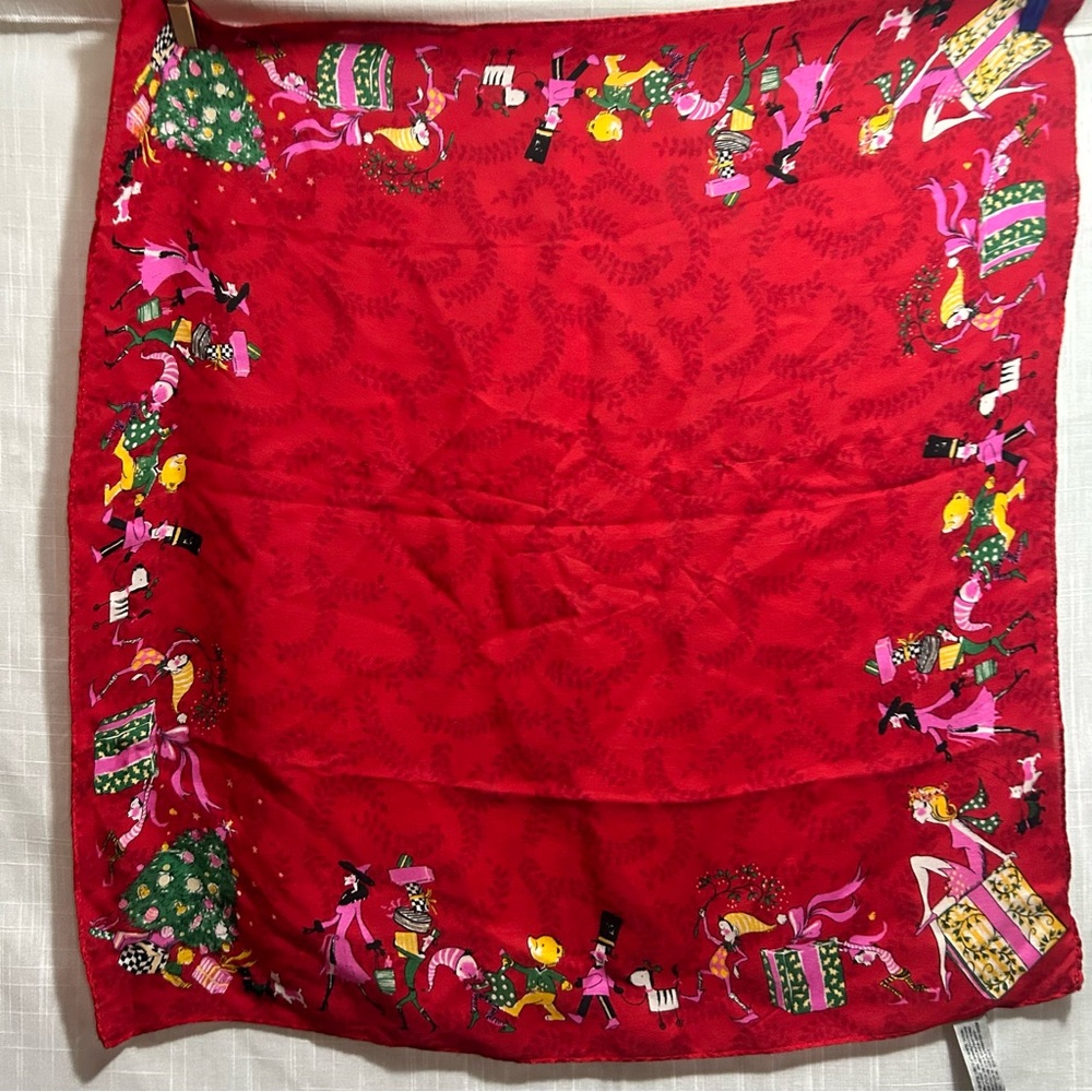 Festive Red Silk Scarf with Holiday Design